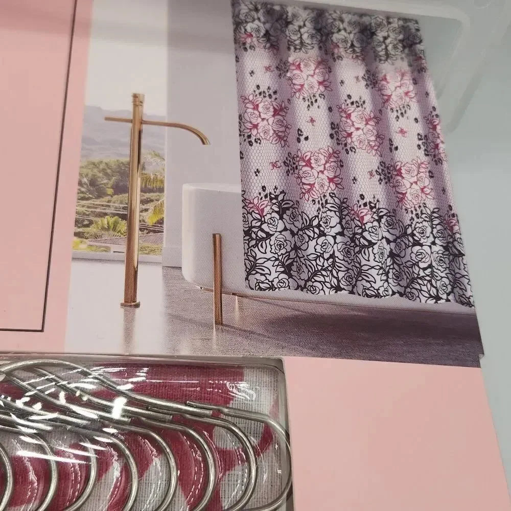 NWT JUICY COUTURE SHOWER CURTAIN WIT HOOKS 70 X 72 LOGO Pink black And White